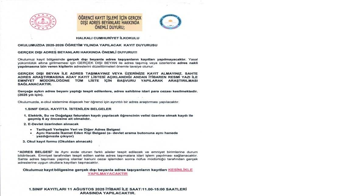 OKULUMUZDA 2025-2026 EĞİTİM ÖĞRETİM YILINDA YAPILACAK OLAN 1. SINIF KAYIT DUYURUSU