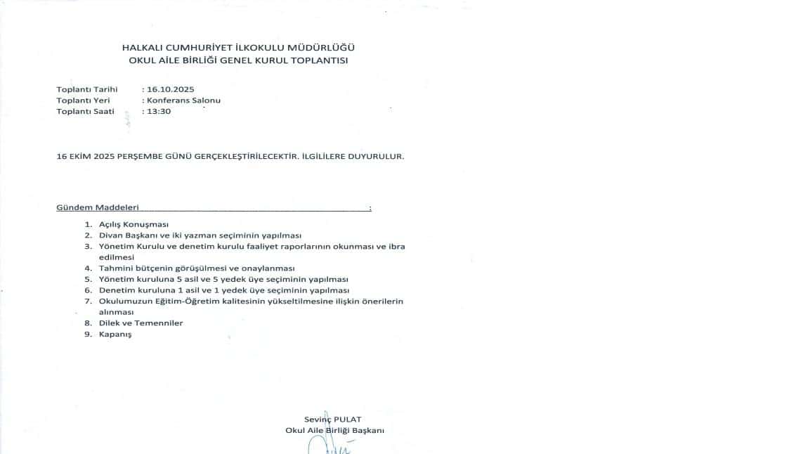 2025-2026 EĞİTİM ÖĞRETİM YILI OKUL AİLE BİRLİĞİ GENEL KURUL TOPLANTISI 